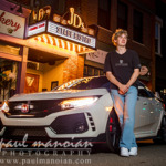 Chelsea senior pictures featuring a Honda Civic Type R in front of the new JD's Stage Bistro marquee in downtown Chelsea, Michigan.