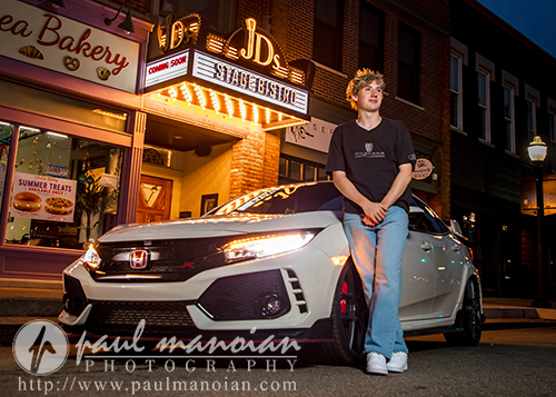 Chelsea senior pictures featuring a Honda Civic Type R in front of the new JD's Stage Bistro marquee in downtown Chelsea, Michigan.