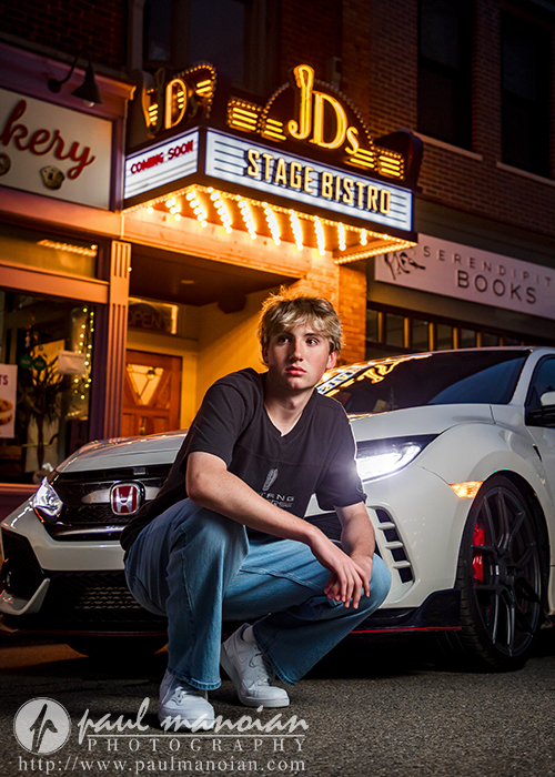 Chelsea senior pictures featuring a Honda Civic Type R in front of the new JD's Stage Bistro marquee in downtown Chelsea, Michigan.