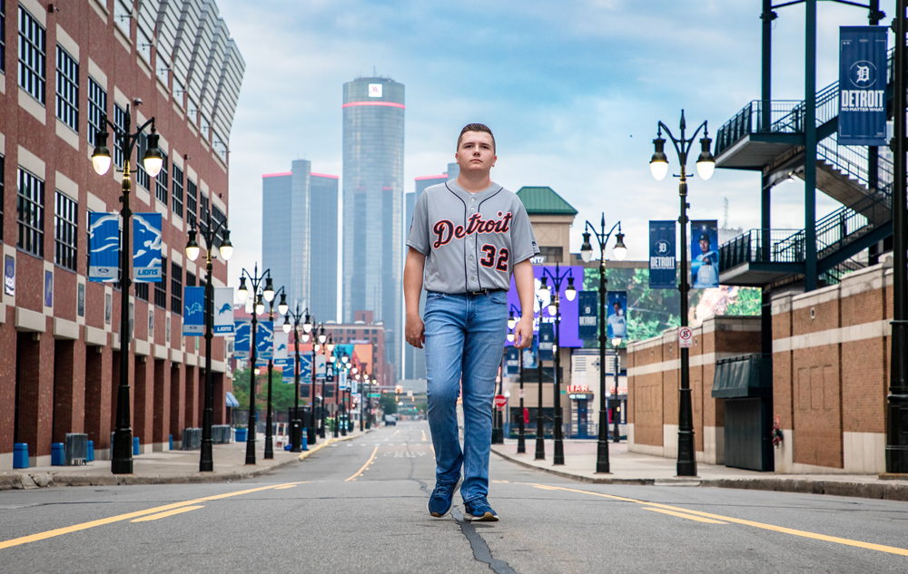 Swartz Creek senior wearing a Detroit Tigers jersey for senior pictures in downtown Detroit