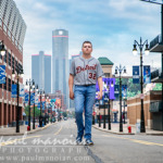 Swartz Creek senior wearing a Detroit Tigers jersey for senior pictures in downtown Detroit