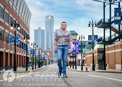 Swartz Creek senior wearing a Detroit Tigers jersey for senior pictures in downtown Detroit