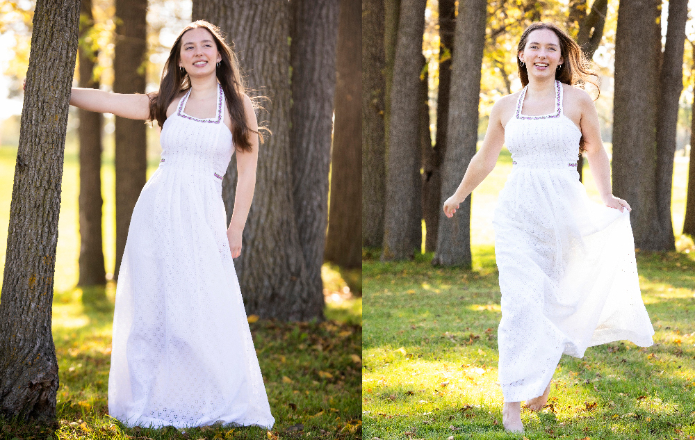 Two side-by-side photos of a high school senior girl outdoors in a forested area on a sunny day. She is wearing a long white maxi dress for her senior pictures. In the left photo, she stands beside a tree, smiling. In the right photo, she is walking forward, holding her dress slightly lifted.