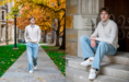 A young man in a beige sweater and light blue jeans is shown outdoors during a fall senior pictures session. On the left, he walks on a path under autumn trees; on the right, he sits on stone steps by a wooden door, looking ahead.