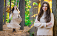 Split image: On the left, a young woman in a beige sweater and skirt twirls among tall pine trees during her fall senior pictures session. On the right, she stands with arms crossed, smiling softly, with a blurred forest background.
