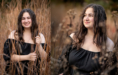 A young woman with long, wavy hair in an off-the-shoulder black dress stands among tall, dry grasses, smiling warmly in one photo and gazing to the side in the other.