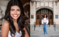 A high school senior girl ith long dark hair smiles in a close-up on the left; on the right, she stands on stone steps in front of an ornate building, wearing a pink top and jeans—perfect for senior pictures with flowers.Author: http://www.paulmanoian.com/Aperture: 2.8Camera: Canon EOS 5D Mark IVIso: 200Copyright: © 2025 Paul Manoian PhotographyOrientation: 1