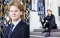 Left: A high school senior with light brown hair in a suit and tie poses in front of an ornate iron gate for his Detroit senior pictures session with Detroit photographer, Paul Manoian. Right: The same man in a suit sits on stone steps in front of a large building with a grand entrance, gazing thoughtfully into the distance.