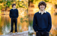 Two side-by-side photos from a fall senior pictures session show a young man with curly brown hair by a lake and autumn trees, wearing a navy pullover, cream collar, dark pants, tan shoes, and smiling with his hands in his pockets.