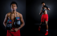 A young male boxer poses against a dark background, wearing red shorts and boxing gloves. One image shows him standing with gloves hanging around his neck; the other shows him in a boxing stance, ready to spar.