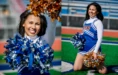 A high school senior cheerleader in a blue and white uniform holding blue and orange pom-poms beams brightly on a football field. In her senior pictures, one image captures her kneeling while the other shows her holding pom-poms aloft with glee.