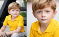 A young boy with light brown hair and blue eyes wears a bright yellow polo shirt. One image shows him sitting on black steps, smiling, while the other is a close-up of his serious face.
