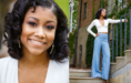 Side-by-side photos of a young woman with short curly hair, wearing hoop earrings, a white crop top, and high-waisted blue pants. She smiles in a close-up and poses confidently outdoors on stone steps.