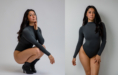 Woman in a dark gray long-sleeve bodysuit poses, squatting and standing, against a light background.