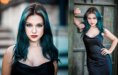 A young woman with teal hair and a black satin dress poses confidently outdoors, looking directly at the camera in both close-up and full-body shots against an urban background.