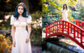 A woman with blue hair in a white dress stands outdoors; on the left, she poses among trees, and on the right, she stands on a red arched bridge over a small stream in a lush garden.