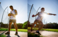 Side-by-side images of a high school senior track and field athlete in a white tank top and shorts preparing to throw a discus in a sunny outdoor field, with a fence and trees in the background. Sunlight shines behind him, creating a dramatic silhouette.