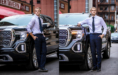 A young man in a light shirt, patterned tie, and dark trousers poses by a black pickup truck on a city street, with one photo showing him leaning and the other standing straight with one hand on the truck.