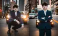A high school senior in a blue suit and pink tie is in downtown Detroit for his Detroit senior pictures session with Detroit photographer, Paul Manoian. On the left, he crouches with one knee down in front of a car. On the right, he stands with arms crossed, both images set against an urban backdrop.