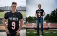 A young man stands confidently on a football field wearing a black jersey with the number 9 and Pirates printed on it. The left side shows a closer view, while the right side shows him standing with hands on hips, with bleachers in the background.