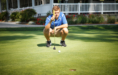 A golfer squats and lines up a putt on a green, focusing on the ball near the hole—perfect for capturing unique golf senior pictures.