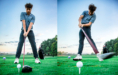 Split image of a golfer preparing to swing at a golf ball on the left and making contact with the ball on the right, on a green course with trees and a cloudy sky in the background.