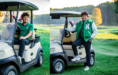 A high school senior guy with curly hair poses by a golf cart on a golf course during their golf senior pictures session. In one photo, they smile from the cart; in the other, they stand beside it in a green varsity jacket and black pants amid lush greenery.