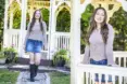 High school senior girl with long brown hair wearing a light brown sweater and denim skirt. She stands in a garden gazebo, smiling. On the left, she walks on a stone path with black boots; on the right, she leans against the gazebo railing.