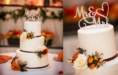 A three-tier white wedding cake decorated with orange and cream roses and greenery, topped with a “Mr  Mrs” sign. The cake sits on a table with an autumn-themed backdrop.