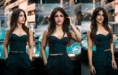 A woman with long brown hair, wearing a dark pinstriped outfit, poses confidently in front of a teal sports car on a city street in three different shots.