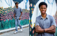 A young man in a gray shirt and pants stands and walks along a sidewalk next to a colorful mural of flowers, smiling with arms crossed and looking confident.
