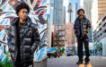 A young man wearing a shiny black puffer jacket, black pants, and sneakers stands in front of a graffiti wall (left) and on a city street with tall buildings in the background (right).