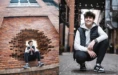 A young man sits in a brick wall's arched opening, wearing a puffer vest and sneakers. In a second image, he squats on a cobblestone street, smiling, with strings of lights above.
