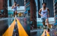 A man in athletic wear runs down a city street, with buildings and wet pavement visible. The left side shows a close-up with his reflection on the road, and the right side shows him from the front, mid-stride, wearing a white tank top and shorts.
