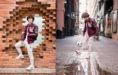 Left: Person with curly hair in a red and white varsity jacket leans against a brick wall. Right: Same person in a narrow alley juggling a soccer ball, wearing a varsity jacket and white pants.