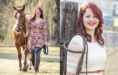 A young woman with wavy red hair, wearing a floral dress and boots, walks a brown horse on grass during her spring senior pictures session; in the other photo, she smiles at the camera by a wooden fence in a white lace dress.