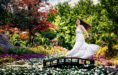 A woman in a flowing white dress twirls joyfully on a small arched bridge in a vibrant garden, sunlight filtering through the trees—the perfect setting for a spring senior pictures session.