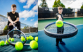 A young man in black sportswear sits on a tennis court by the net, holding a racket with tennis balls around him. In a second image, he extends the racket holding a tennis ball toward the camera.