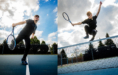 Split image of a young man playing tennis: on the left, he reaches to hit a ball; on the right, he jumps high over the net, holding a racket. Both scenes take place on an outdoor court under a partly cloudy sky.