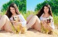 Split image from a summer senior pictures session: A smiling woman sits on sandy ground with green grass, cuddling a tan dog. In the left photo, the dog looks calm; in the right, its mouth is open wide as if barking or yawning.
