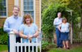 A man and woman pose together in two outdoor settings—by a white picket fence and beneath a leafy garden archway—both smiling in light blue tops. Captured by a wedding engagement portraits photographer, their joy is beautifully highlighted.